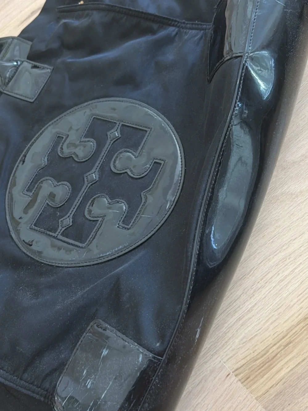 Tory Burch Black Nylon Tote with Patent Logo Trim